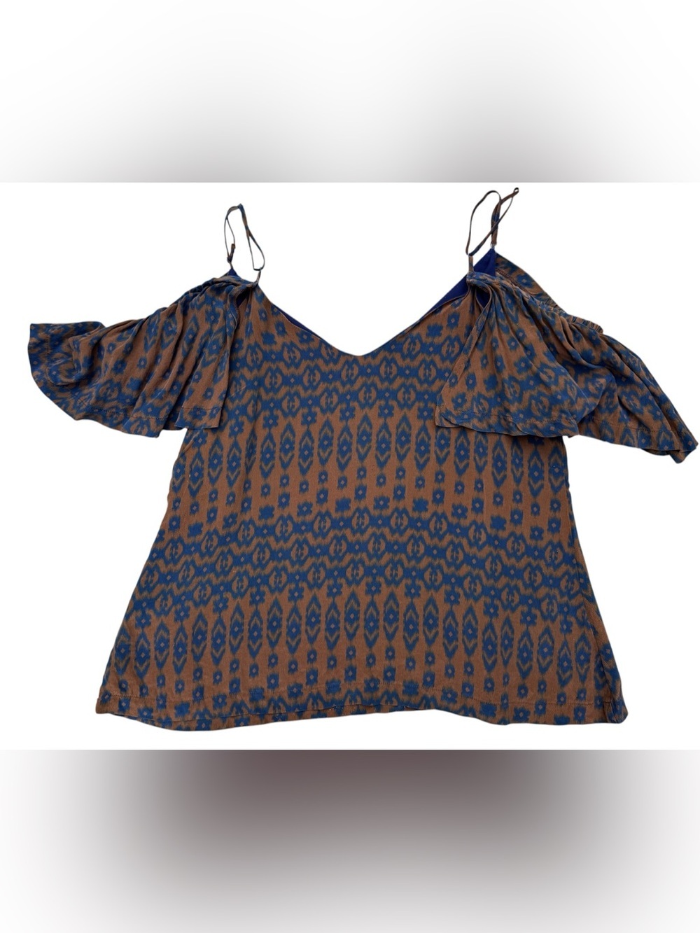 Gold Hawk Off Shoulder Silk Cami Top Brown Navy Ikat Print - L - Picture 2 of 6